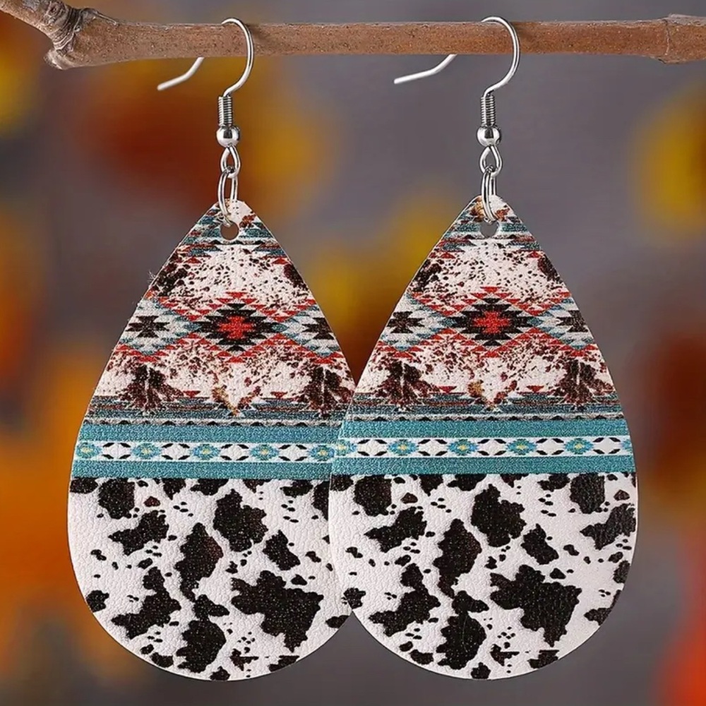 Bohemian Teardrop Earrings with Black and Red Accents Leather